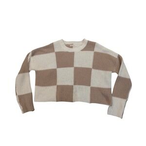 Moon & Madison Sweater Women Large Tan Cream Checkered QH210209 Cropped Knit